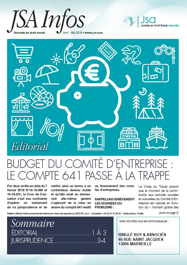 JSA Infos - Avril / Mai 2018 - Budget du Comité d'Entreprise : le compte 641 passe à la trappe