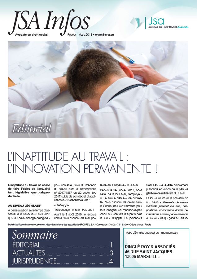 JSA Infos - Février / Mars 2018 - L'inaptitude au travail : L'innovation permanente !