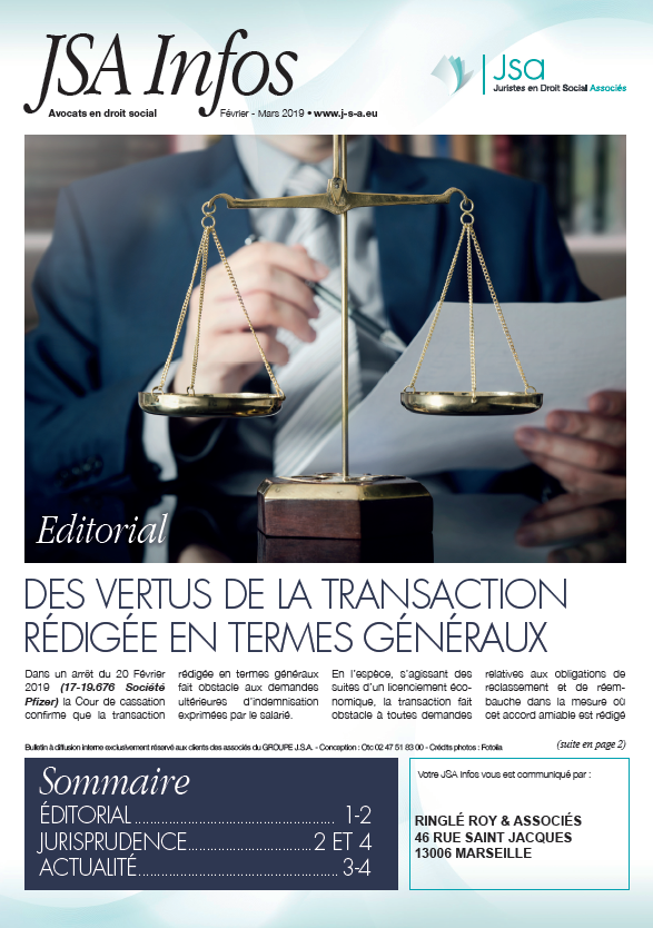 JSA Infos - Février / Mars 2019 - Des vertus de la transaction rédigée en termes généraux