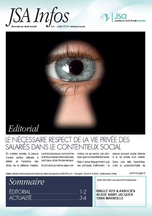 JSA Infos - Juin / Juillet 2019 - Le nécessaire respect de la vie privée des salariés dans le contentieux social